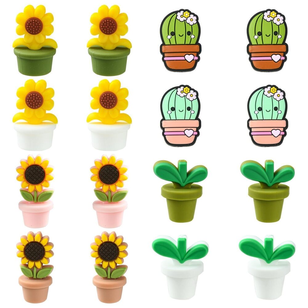 1435 16Pcs 8 Styles Potted Plant Silicone Beads Sunflower Focal Beads